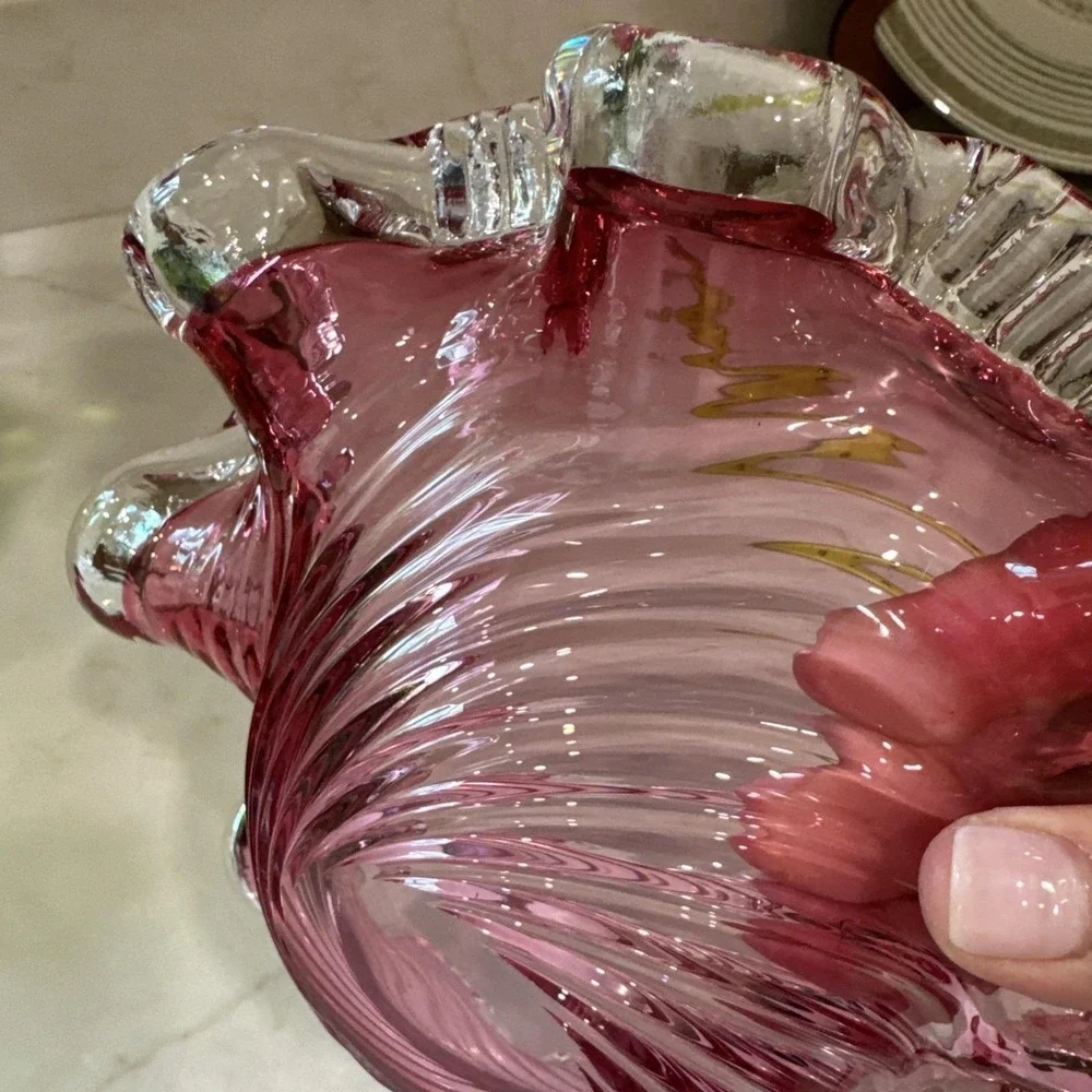 Chalet Canada Hand Made Candy Dish bowl Cranberry Swirl etched Vintage unmarked